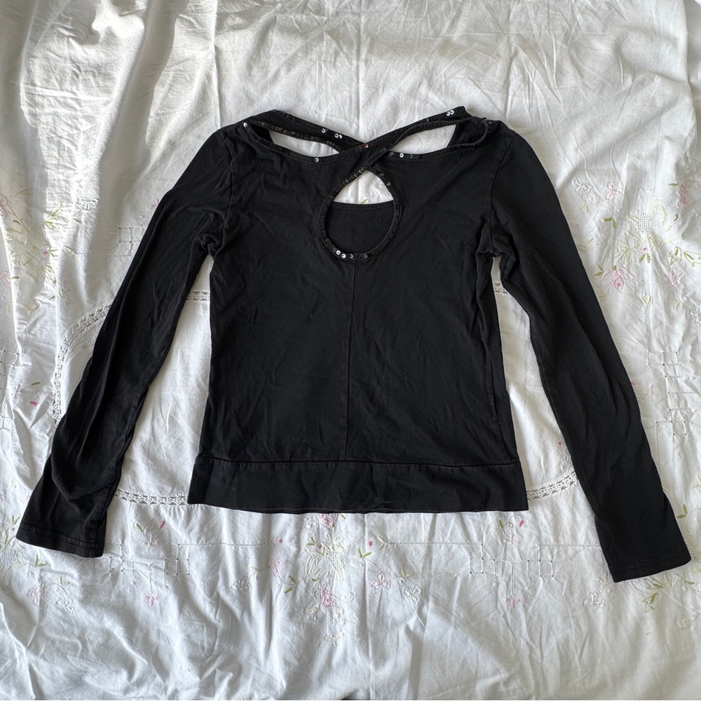 Y2K Sequin Back Detail Black Long Sleeve Women's Top